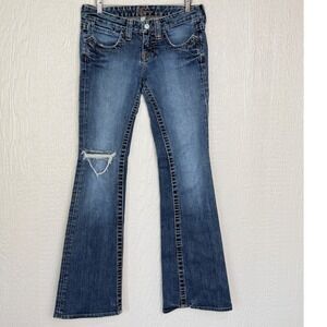 Bebe Low Rise Flare Jeans Medium Wash Embroidered Heart Pocket Size 27 USA Made